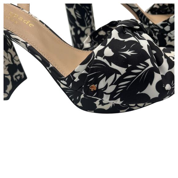 Kate Spade Lucie Tropical Foliage Silk Platform Heels Sandals Black White 9 - Picture 3 of 11